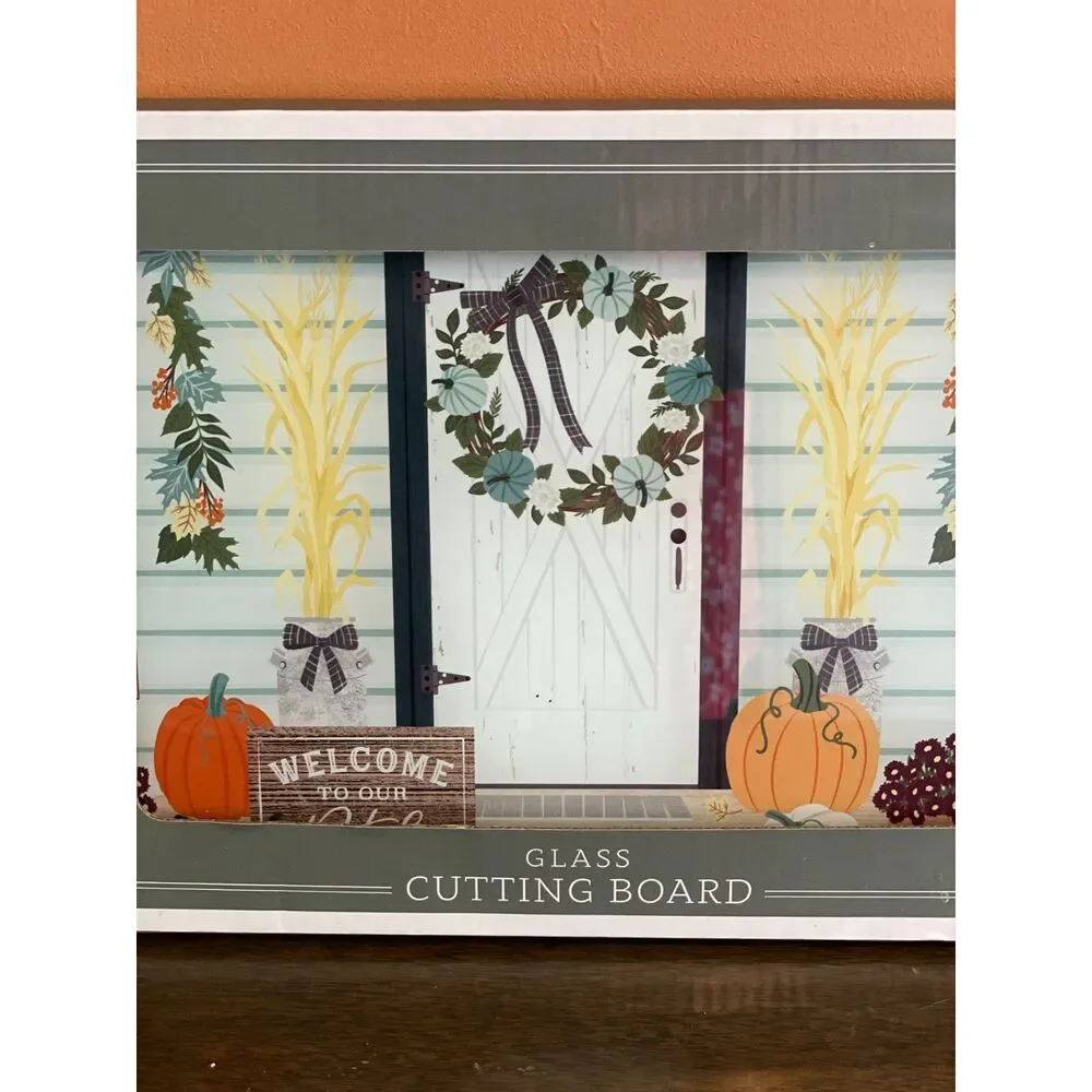 Nantucket Fall Glass Cutting Board 12x8 Pumpkin Farmhouse Autumn Kitchen Decor